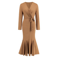 Women's V-neck long sleeved slim fit temperament fishtail skirt knitted long dress, hot selling dress