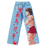 American street graffiti cartoon printed jeans for men, trendy and fashionable straight leg wide leg pants