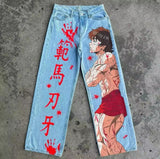 American street graffiti cartoon printed jeans for men, trendy and fashionable straight leg wide leg pants