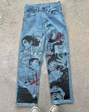 American street graffiti cartoon printed jeans for men, trendy and fashionable straight leg wide leg pants