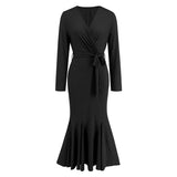 Women's V-neck long sleeved slim fit temperament fishtail skirt knitted long dress, hot selling dress