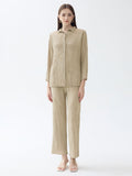 Autumn new two-piece women's clothing solid color long sleeved pleated shirt casual straight leg pants fashion set for women