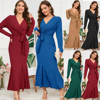 Women's V-neck long sleeved slim fit temperament fishtail skirt knitted long dress, hot selling dress
