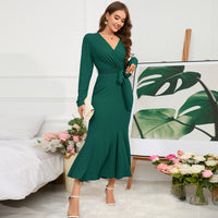 Women's V-neck long sleeved slim fit temperament fishtail skirt knitted long dress, hot selling dress