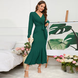 Women's V-neck long sleeved slim fit temperament fishtail skirt knitted long dress, hot selling dress