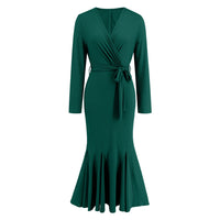 Women's V-neck long sleeved slim fit temperament fishtail skirt knitted long dress, hot selling dress