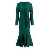 Women's V-neck long sleeved slim fit temperament fishtail skirt knitted long dress, hot selling dress