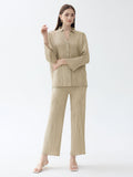 Autumn new two-piece women's clothing solid color long sleeved pleated shirt casual straight leg pants fashion set for women