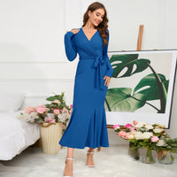 Women's V-neck long sleeved slim fit temperament fishtail skirt knitted long dress, hot selling dress