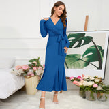 Women's V-neck long sleeved slim fit temperament fishtail skirt knitted long dress, hot selling dress