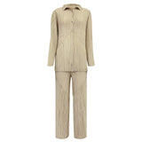 Autumn new two-piece women's clothing solid color long sleeved pleated shirt casual straight leg pants fashion set for women