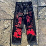 American street graffiti cartoon printed jeans for men, trendy and fashionable straight leg wide leg pants