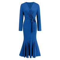 Women's V-neck long sleeved slim fit temperament fishtail skirt knitted long dress, hot selling dress