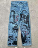 American street graffiti cartoon printed jeans for men, trendy and fashionable straight leg wide leg pants