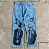 American street graffiti cartoon printed jeans for men, trendy and fashionable straight leg wide leg pants