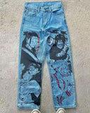 American street graffiti cartoon printed jeans for men, trendy and fashionable straight leg wide leg pants