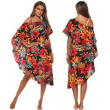 Asymmetry Floral Print Tunic Beach Dress Red Flower Beachwear Swimsuit Swim Dresses Womens Bathing Suit Cover Ups