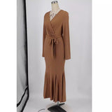 Women's V-neck long sleeved slim fit temperament fishtail skirt knitted long dress, hot selling dress