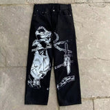 American street graffiti cartoon printed jeans for men, trendy and fashionable straight leg wide leg pants