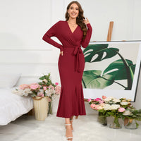 Women's V-neck long sleeved slim fit temperament fishtail skirt knitted long dress, hot selling dress