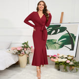 Women's V-neck long sleeved slim fit temperament fishtail skirt knitted long dress, hot selling dress