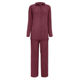 Autumn new two-piece women's clothing solid color long sleeved pleated shirt casual straight leg pants fashion set for women