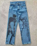 American street graffiti cartoon printed jeans for men, trendy and fashionable straight leg wide leg pants