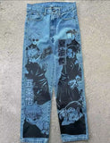 American street graffiti cartoon printed jeans for men, trendy and fashionable straight leg wide leg pants