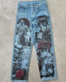 American street graffiti cartoon printed jeans for men, trendy and fashionable straight leg wide leg pants