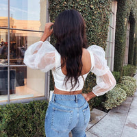 Womens Mesh Spliced Puff Sleeve Blouse