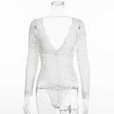 Bodysuit Women Long Sleeve Sexy Deep V Neck Scalloped Backless White Lace Bodysuit Body Women One Piece Bodycon Tops
