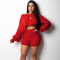 2 Two Piece Long Sleeve Knit Sweater Tops+Bodycon Shorts Suit