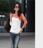 Autumn Spring Cotton Blend Women Round Neck Color Block Long Sleeve Long Sleeve T-Shirts