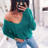 Sexy V-neck Off Shoulder Sweater Women 2018 Casual Long Sleeve Ribbed Solid Pullover Female Autumn Winter Knitted Tops