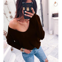 Sexy V-neck Off Shoulder Sweater Women 2018 Casual Long Sleeve Ribbed Solid Pullover Female Autumn Winter Knitted Tops
