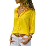 Lossky Long Sleeve Solid V-Neck Chiffon Blouse