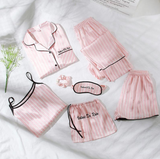 7Pcs Pink Letter Embroidered Striped Pajama Set