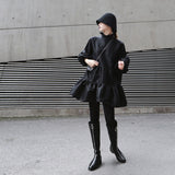 Stand Collar Long Puff Sleeve Black Loose Hem Ruffels Stitch Loose Dress