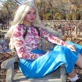 Chic Printed Mesh Crop Tshirt See Through Sexy Long Sleeve Summer Tops For Women Sweet Style Cute Harajuku Shirt