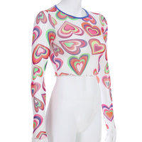 Chic Printed Mesh Crop Tshirt See Through Sexy Long Sleeve Summer Tops For Women Sweet Style Cute Harajuku Shirt