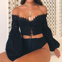 women lace Tops slash neck backless shirt off the shoulder t-shirt solid long flare sleeve Ruffle Crop Tops chiffon blusas