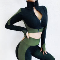 2020 Spring Women Seamless Yoga Set Long Sleeve Zipper Yoga Shirts+ Gym Leggings Push Up Fitness Tracksuits 2Pcs Workout Wear