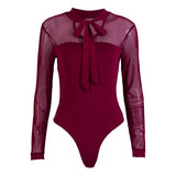 Summer Bodysuit Women Sexy Bow Black Mock Neck Patchwork Long Sleeve Bodysuit Transparent Tops