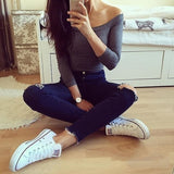 Off Shoulder Crop Top T Shirts Hot Sale Long Sleeve Solid Short