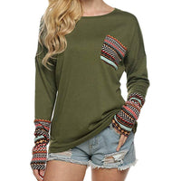 Women's Long Sleeve O-Neck Patchwork Casual Loose T-Shirts Blouse