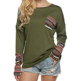 Women's Long Sleeve O-Neck Patchwork Casual Loose T-Shirts Blouse