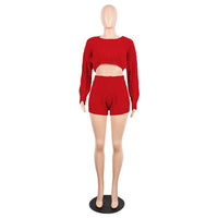 2 Two Piece Long Sleeve Knit Sweater Tops+Bodycon Shorts Suit