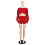 2 Two Piece Long Sleeve Knit Sweater Tops+Bodycon Shorts Suit