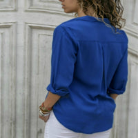 Lossky Long Sleeve Solid V-Neck Chiffon Blouse