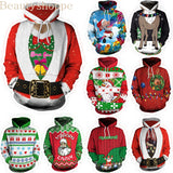 A collage of nine 3D Unisex Printing Hooded Sweater Novelty Sweaters showcases an array of festive Christmas-themed designs, including Santa Claus, reindeer, snowflakes, Christmas trees, festive patterns, and holiday greetings. The hoodies stand out with vibrant colors such as reds, greens, whites, and blues.